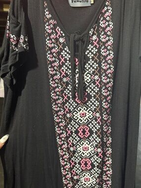 Black Embroidered V-Neck Women's Top with Pink and White Pattern